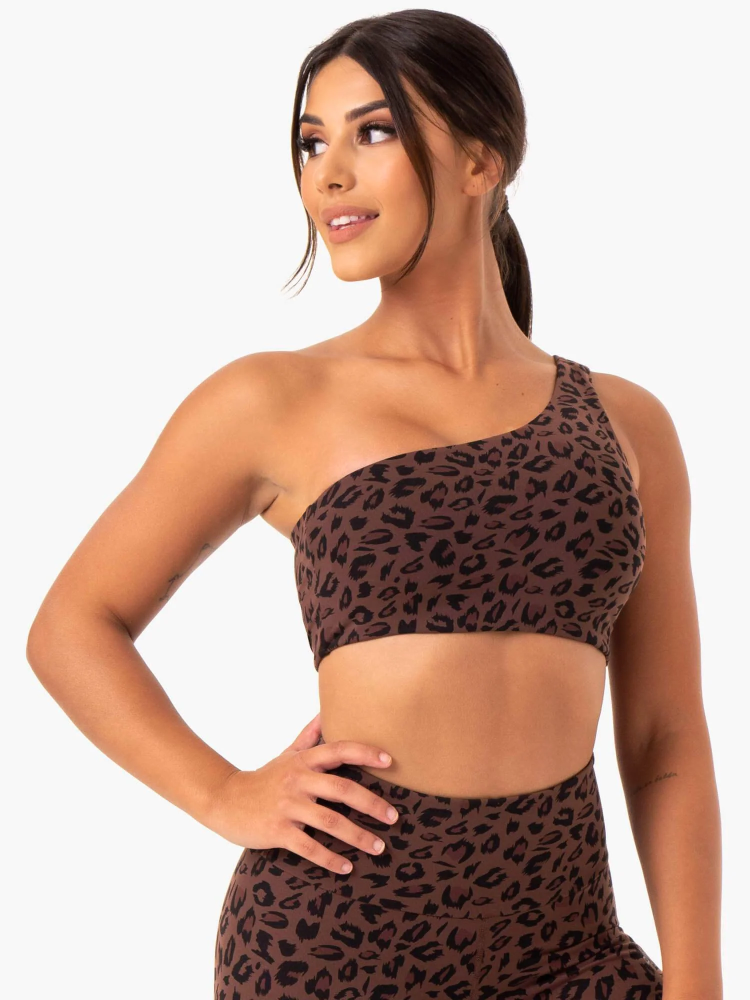 Adapt One Shoulder Sports Bra - Chocolate Leopard - Image 4