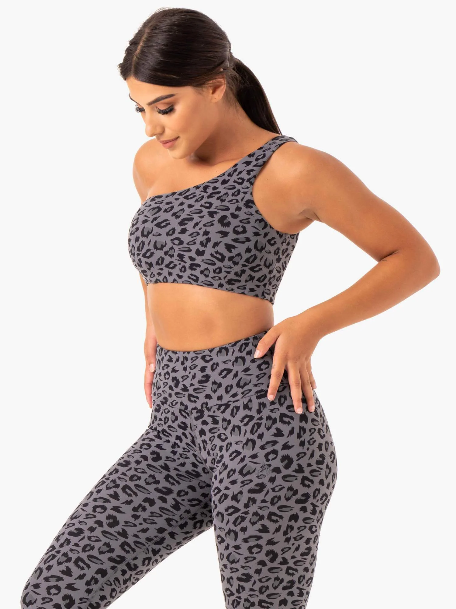Adapt One Shoulder Sports Bra - Grey Leopard - Image 3