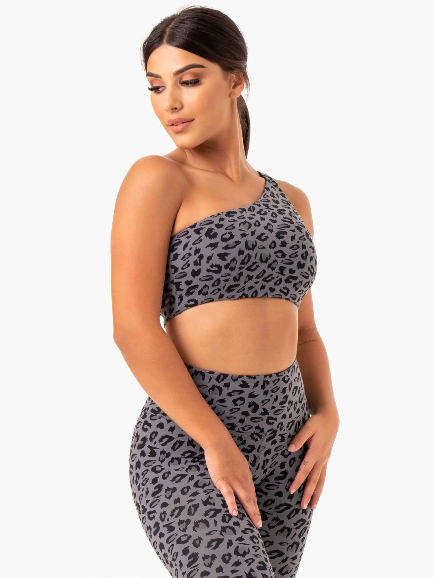 Adapt One Shoulder Sports Bra - Grey Leopard - Image 4