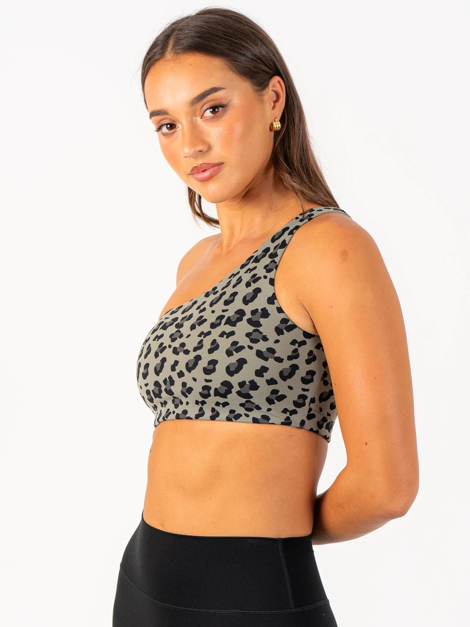 Adapt One Shoulder Sports Bra - Khaki Leopard - Image 3
