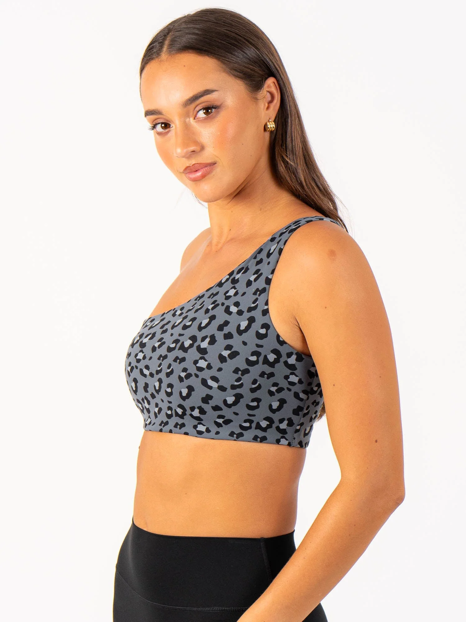 Adapt One Shoulder Sports Bra - Steel Blue Leopard - Image 3