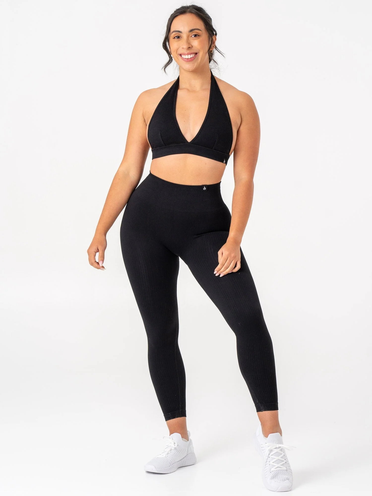 Rib Seamless Halter Sports Bra - Black - Image 6